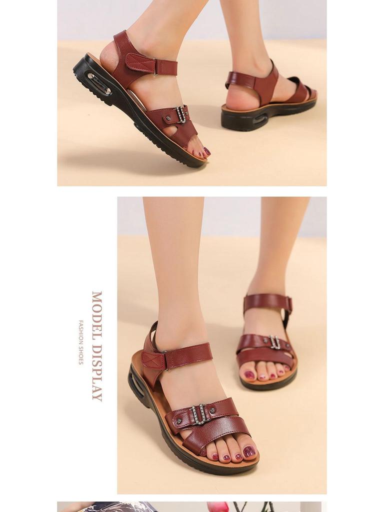 2025 Women's Genuine Leather Soft Bottom Sandals - Air Cushion Comfort for Middle-Aged & Elderly, Large Size Summer Footwear