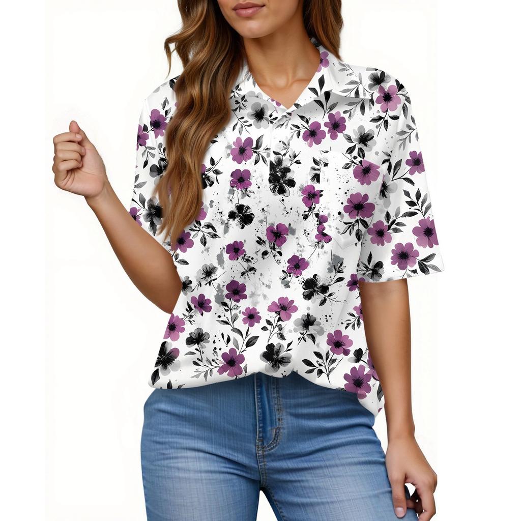 Women's Fashion Casual Button Pocket Shirt Short Sleeve Print Lapel Top