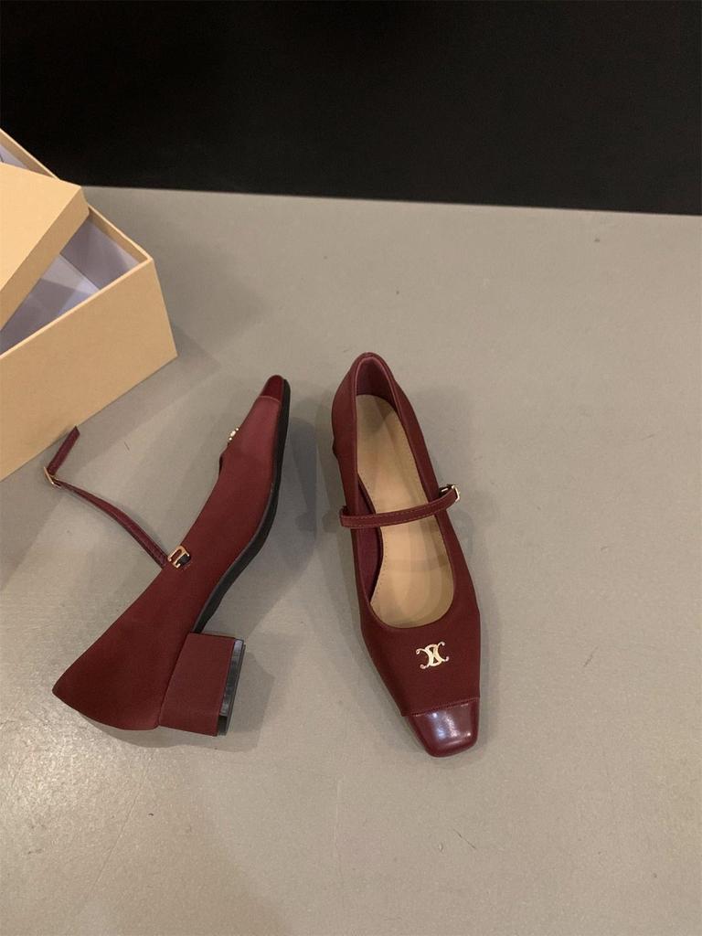 French medium high heel black Mary Jane single shoes women's shoes 2024 new spring, autumn and winter square head temperament evening shoes