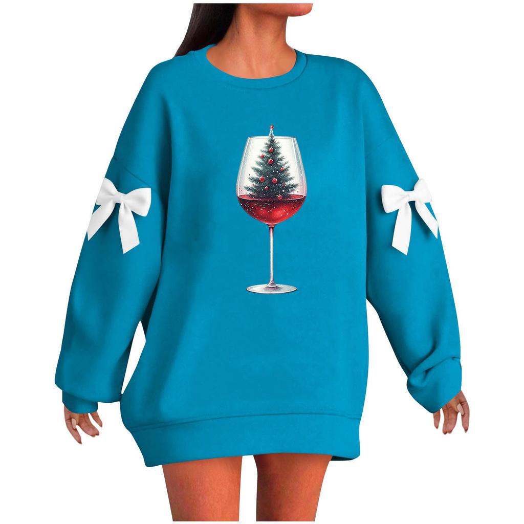Ladies' Christmas Printed Bow Round Neck Long Sleeved Loose Pullover Sweater Sweatshirt Top