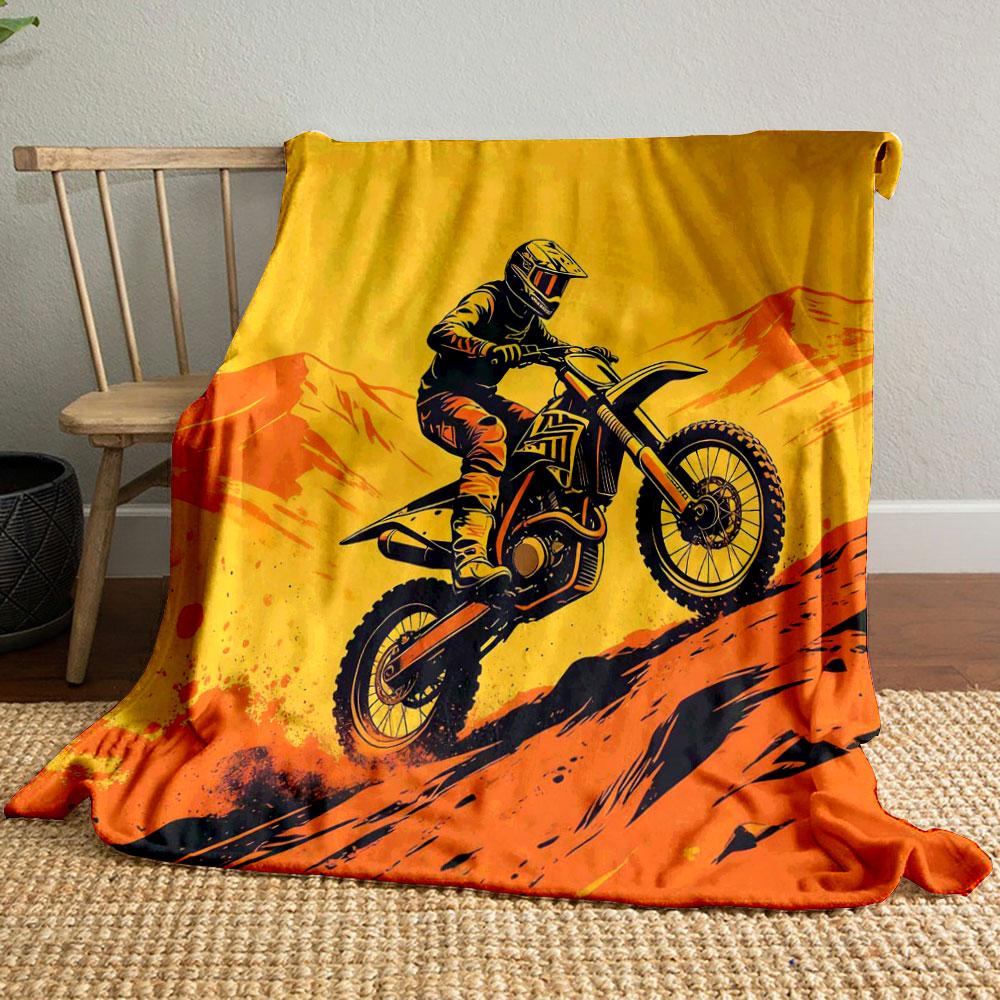 Watercolor Style Motocross Racing Print Blanket, Home Sofa Chairs Decor Blanket Motorcycle Lovers Gift Blanket Next Day Shipping