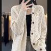 Women's Thick Cable Knit Stand Collar Cardigan Sweater - European Style, Long Sleeve, Loose Fit, Solid Color, Wool