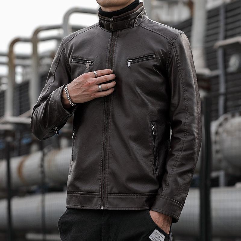 Новая мужская куртка из искусственной кожи, корейская повседневная мужская облегающая мотоциклетная кожаная куртка с воротником-стойкой, куртка из искусственной кожи для молодых мужчин