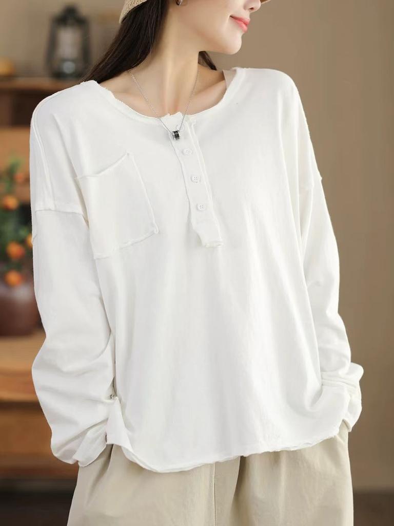 Johnature Fashion Personality Splicing Casual T-Shirt Woman Autumn Casual O-Neck Solid Color Loose T-Shirt