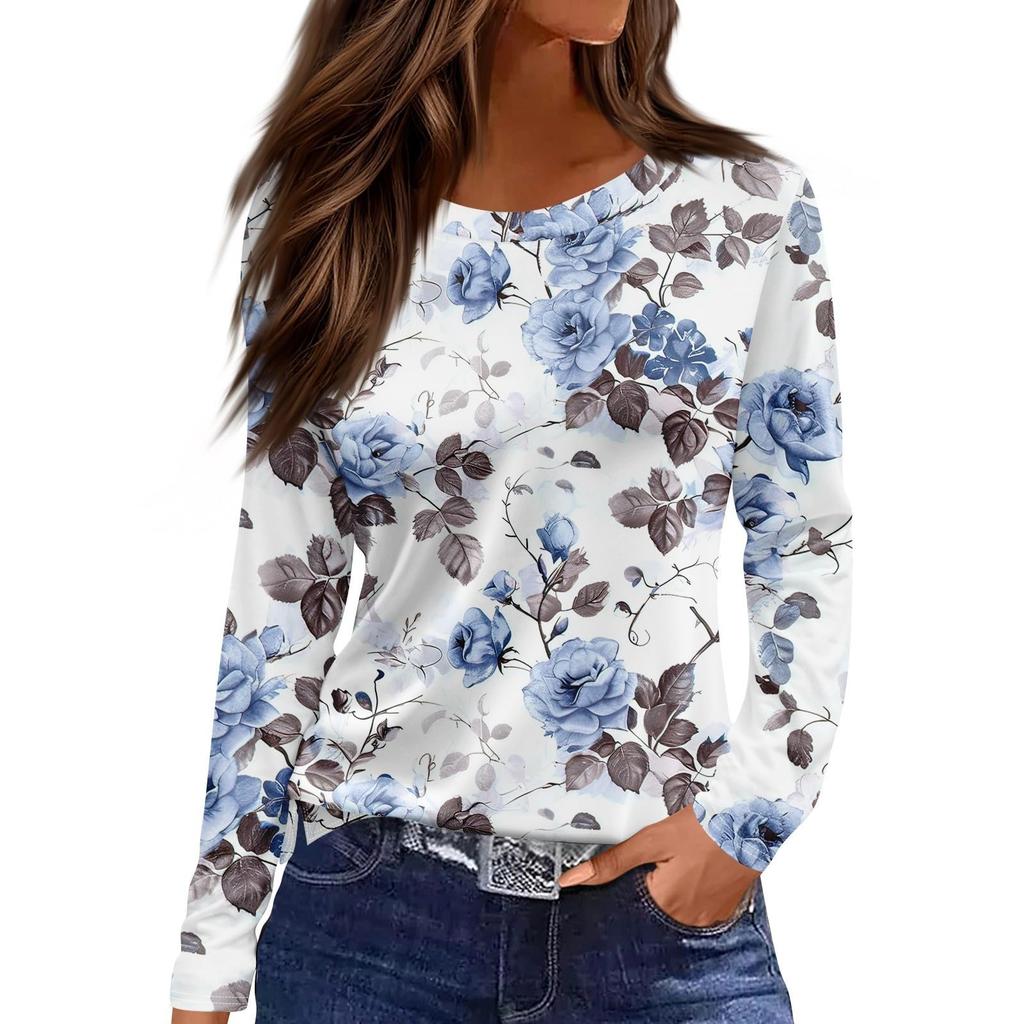 Women's Casual T-shirt 3D Printed Floral Floral Print Round Neck Retro Elegant Long Sleeves Women's Fashion Pullover Long Sleeve