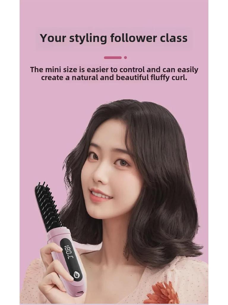 Беспроводная расческа для волос с отрицательными ионами: Двойное применение: выпрямление и завивка, безопасно для сухих и влажных волос, портативное и не повреждает волосы.