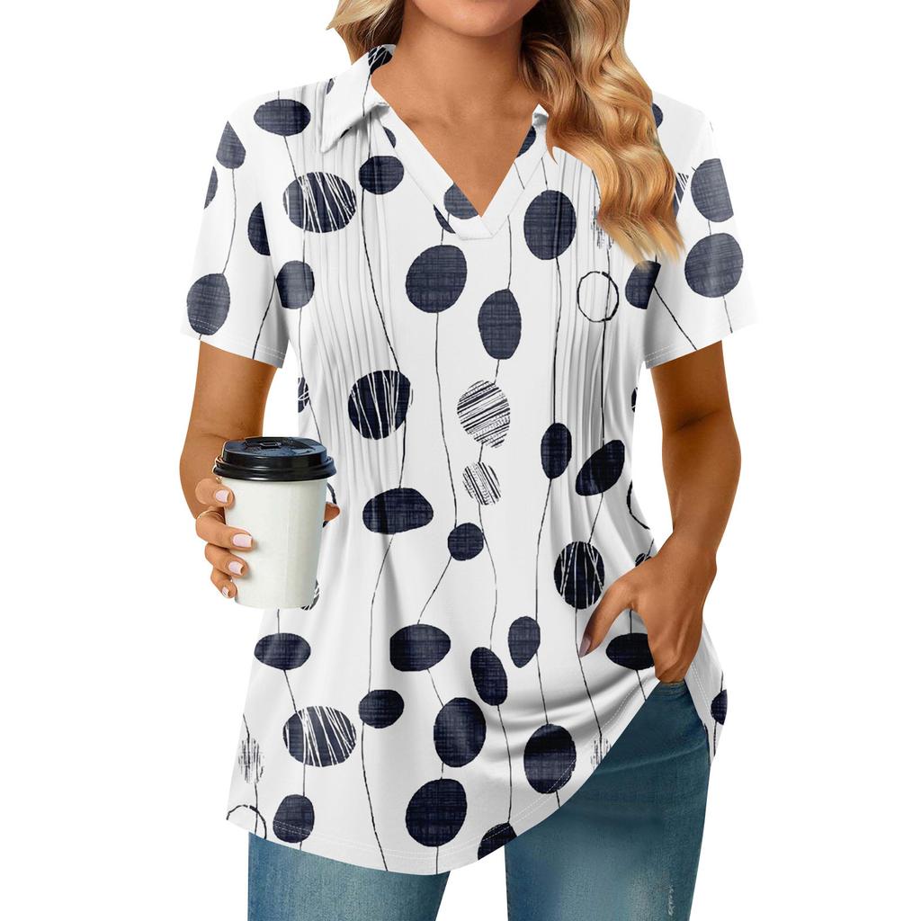 Женские футболки с коротким рукавом, плиссированные, с V-образным вырезом, с принтом, с воротником, летние топы, модные, деловые, повседневные, рабочие