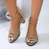Rhinestone Fish Mouth Sandals Women's 2024 Summer New Fashion Hollow Large Size Thick Heel Middle Heel Rear Zipper Sandals