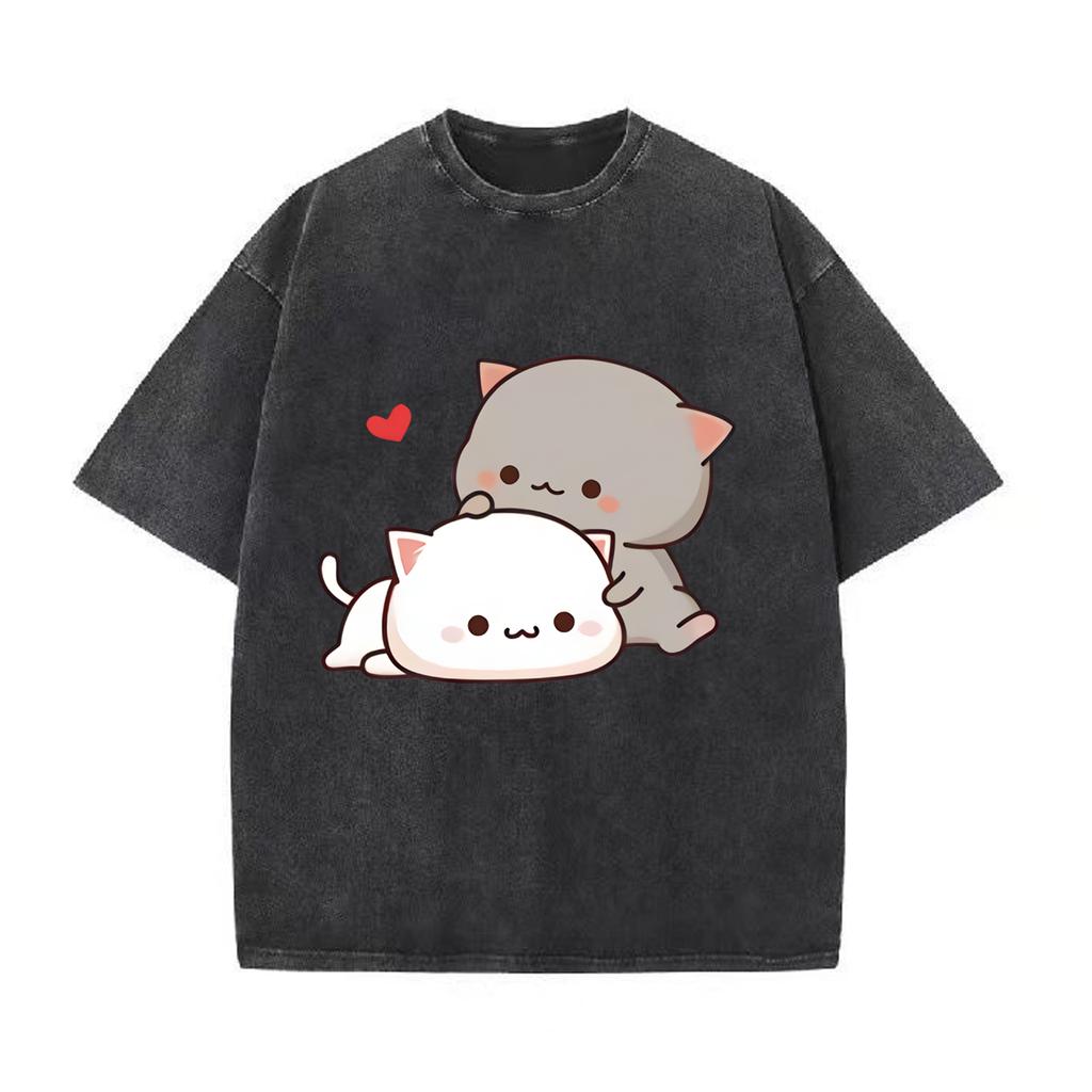 Футболка с аниме Kawaii Girl, флисовая футболка Harajuku, свободный повседневный свитер, милая парная футболка для подарка на День святого Валентина, винтажная футболка в стиле ретро с эффектом потертости