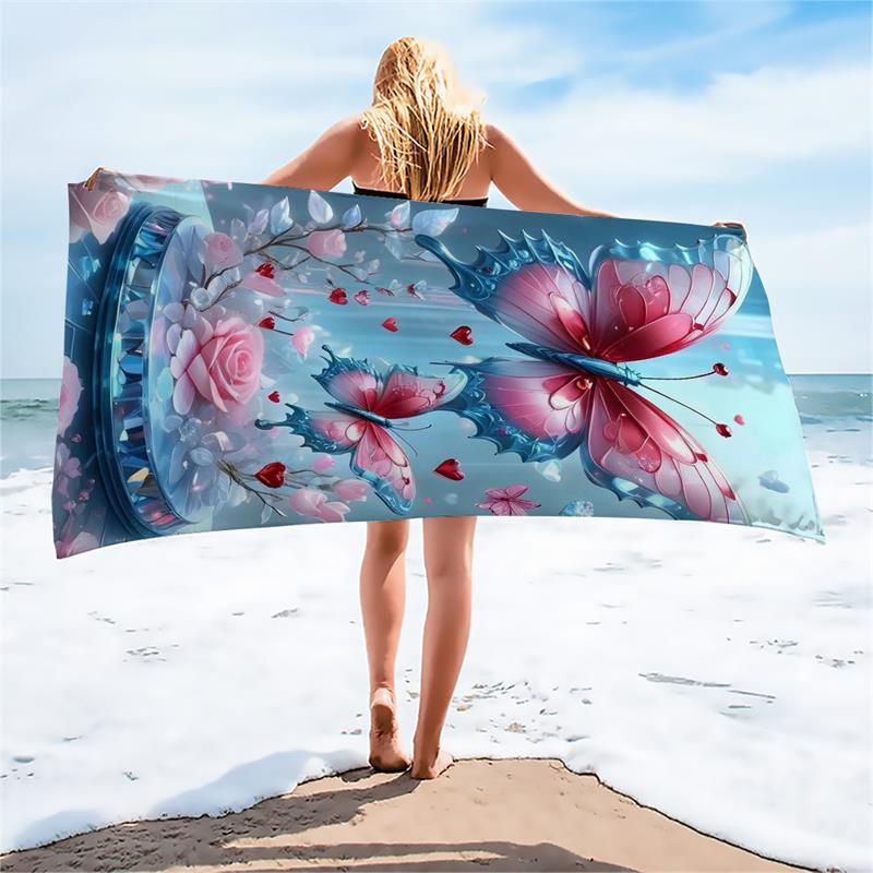 1PC Dreamy Crystal Butterfly Rose Beach Towel Quick Dry Bath Towel for Beach Photoshoots