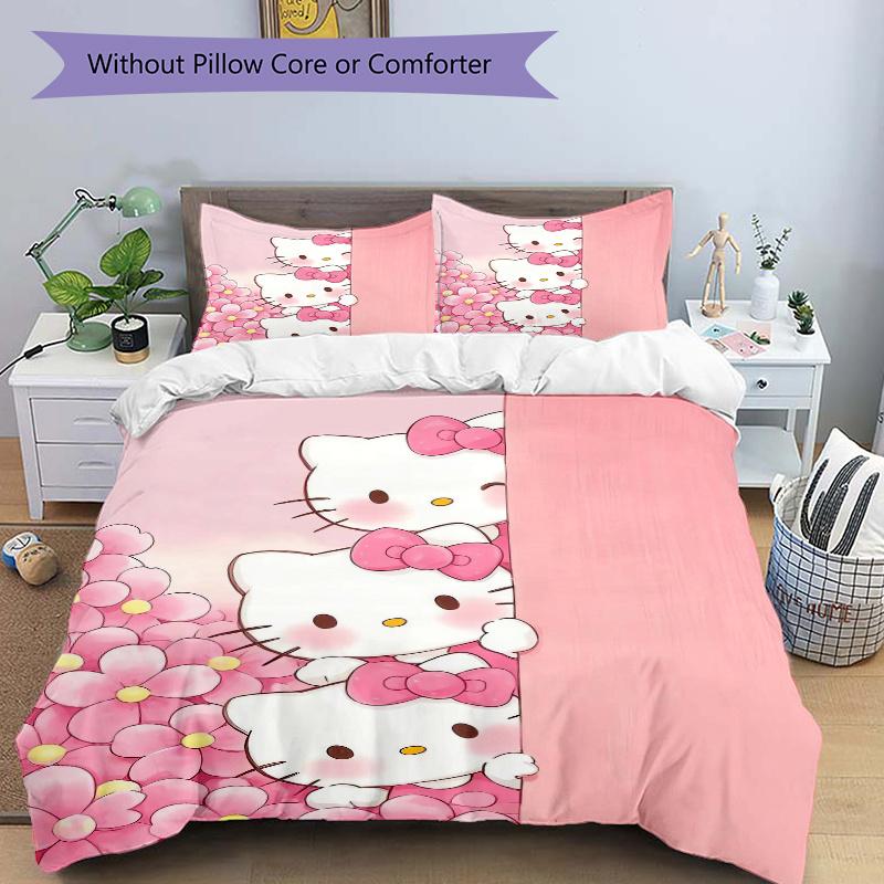 3 шт. Трехцветный розовый комплект постельного белья с принтом Hello Kitty, Мягкое и удобное покрывало-пододеяльник для спальни, гостевой комнаты (Не включено).W104