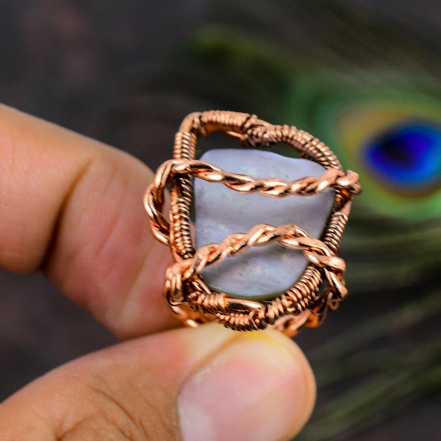 Натуральный синий кружевной агат, драгоценный камень, кольцо ручной работы из медной проволоки, размер 8 n5w13