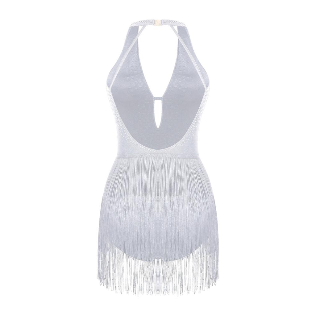 Women's Shiny Rhinestone Tassel Latin Jazz Ballroom Lyrical Dance Dress Fringed Leotard Bodysuit