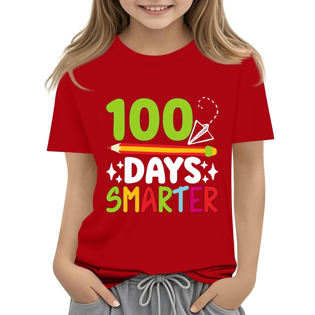 Happy 100th Day Of School Girls Boys Short Sleeve T Shirts Kids Tops Crewneck Tees