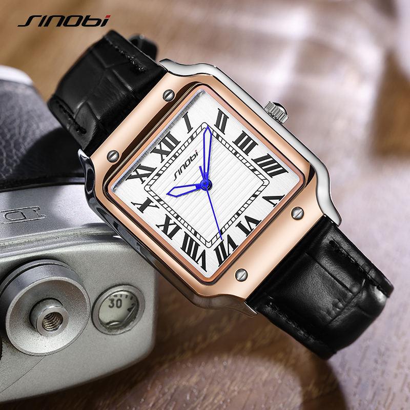 Men's Quartz Watch Square Case Roman Numerals Genuine Leather Strap Waterproof Business Casual Fashion Wristwatch
