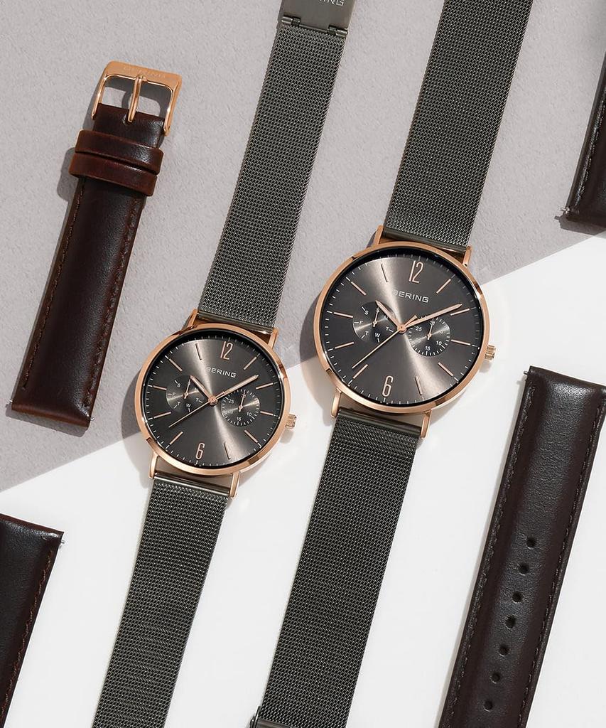 BERING Japan Limited, коричневая телячья кожа, серая нержавеющая сталь с 2 сетчатыми ремешками, сапфировое стекло, оригинальные импортные изменения, 3 года гарантии