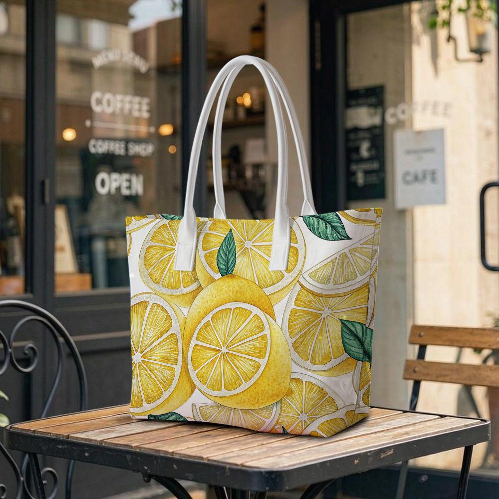 Lemon Print Fashion Casual Tote Bag Stylish Large Capacity Daily Portable Shoulder Handbag