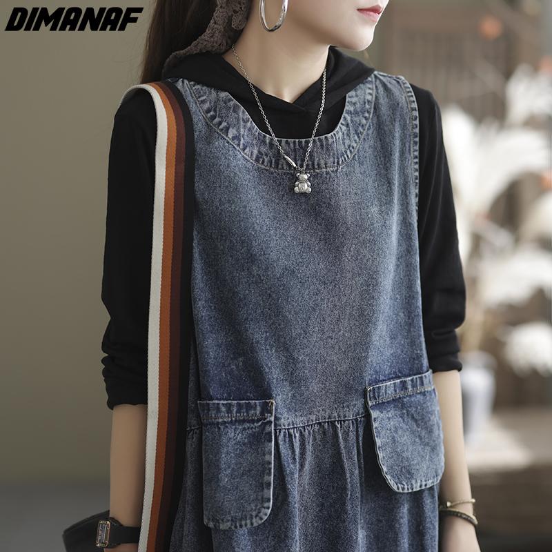 Dimanaf Плюс Размер Осеннее Платье Джинсовая Безрукавка Женская Элегантная Хлопковая Верхняя Одежда Длинное Платье Свободная Повседневная Одежда Оверсайз A