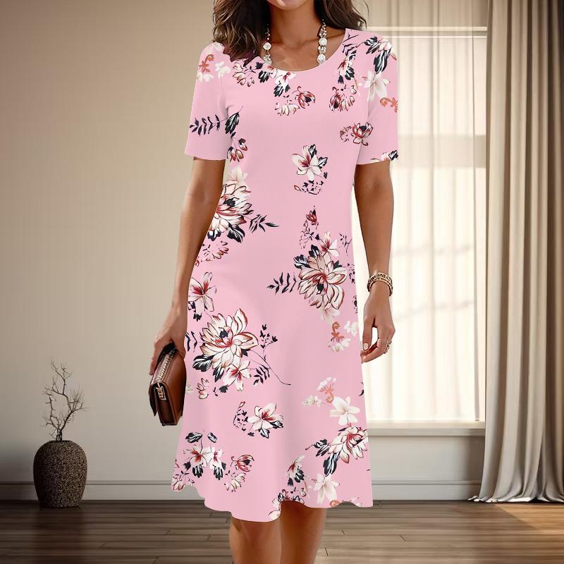 Женская мода изящный цветочный принт лето весна короткий рукав О-образный вырез повседневные платья