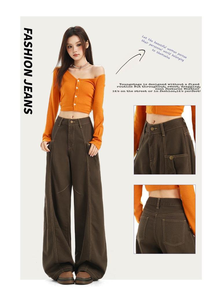 Женские мокко-коричневые джинсы с высокой посадкой, свободного прямого кроя - осенние широкие джинсы в пол