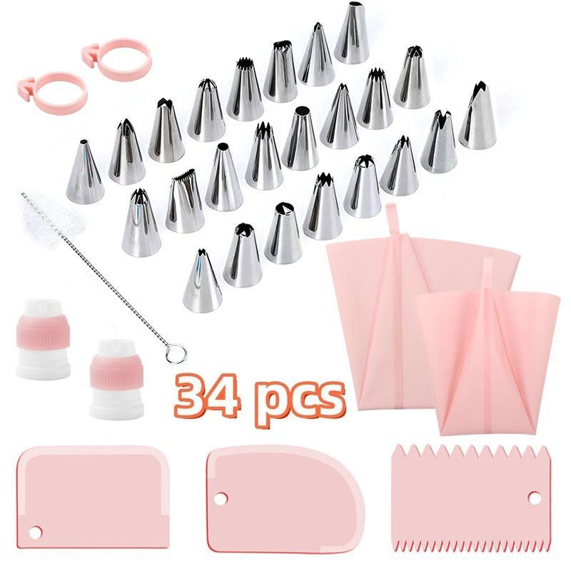 Butter Piping Bag Kit 34PCS Reusable Cake Decorator Nozzles and Scraper All in One DIY Baking Tools for Home Kitchen Parties