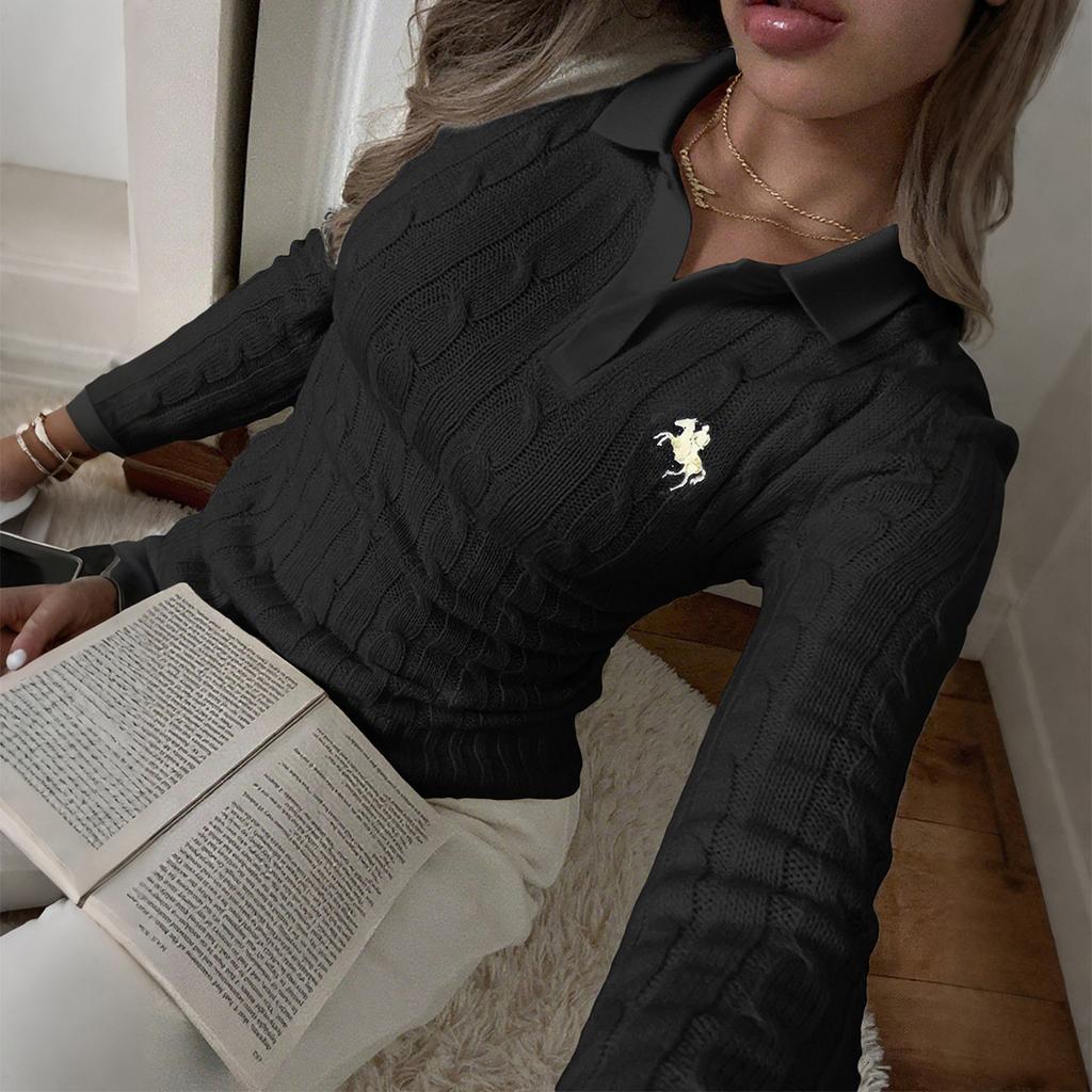 Jacquard Knitted Simple Long-sleeved Shirt Collar Top for Women's Inner Wear Woolen Women's Autumn and Winter Slim Solid Color T-shirt