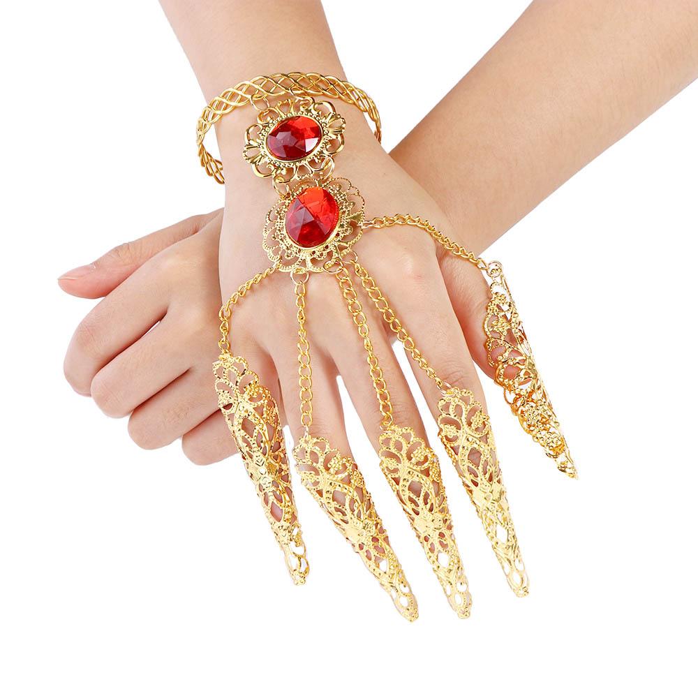 Gift Indian Thai Red Gem Nail Rings Golden Finger Bracelet Knuckle Rings Belly Dance Bracelet