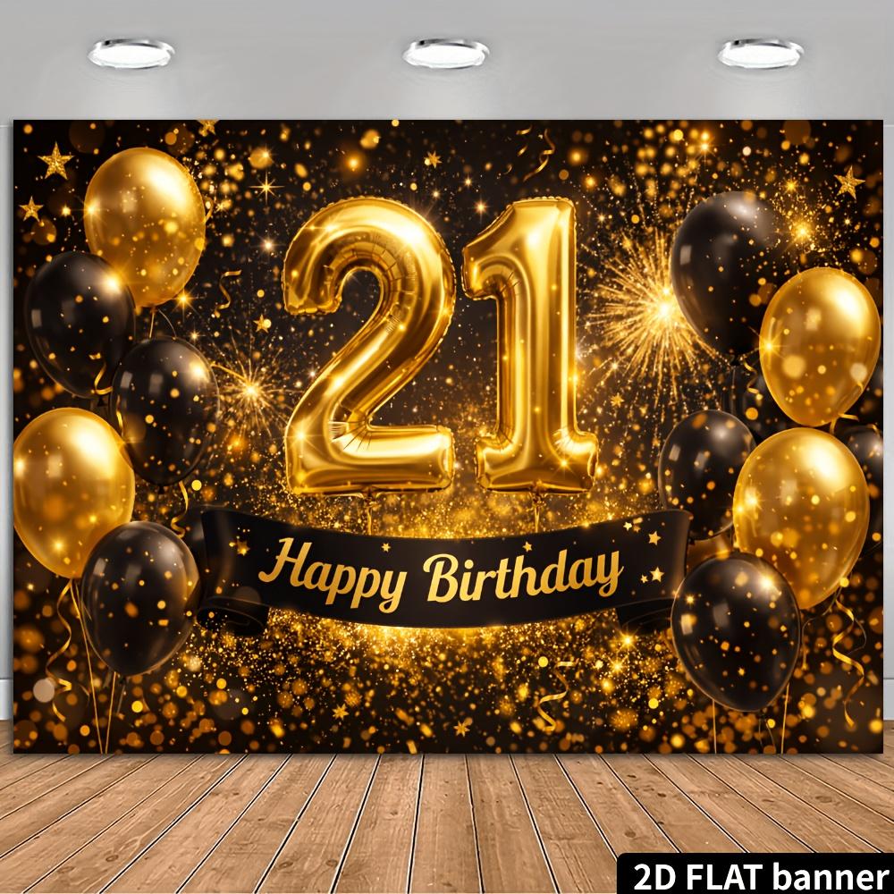 21st Birthday Party Banner Backdrop, Black Gold Number 21 Balloon Happy Birthday Ribbon, Polyester, No Power, Party Decor