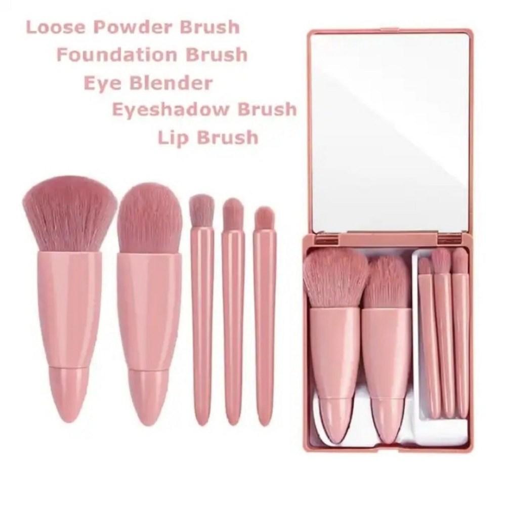 Fizz Foundation Brush with Mirror Case Loose Powder Foundation Blush Brush Soft Bristle Full Set Shadow Lip Makeup Light Pink, 1pc