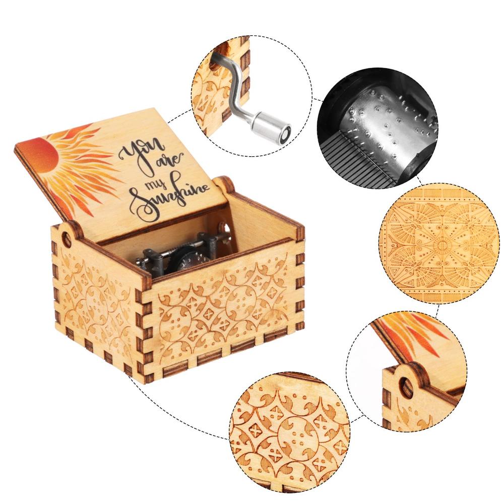Wooden Suitable Gifts You are My Sunshine Music Box Hand-Cranked Black Engraved Musical Boxes