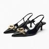 Metal Ring Pointed Toe Pumps 2024 New Patent Leather Stilettos Low Heels for Women Summer Sandal Slingbacks Women Shoes