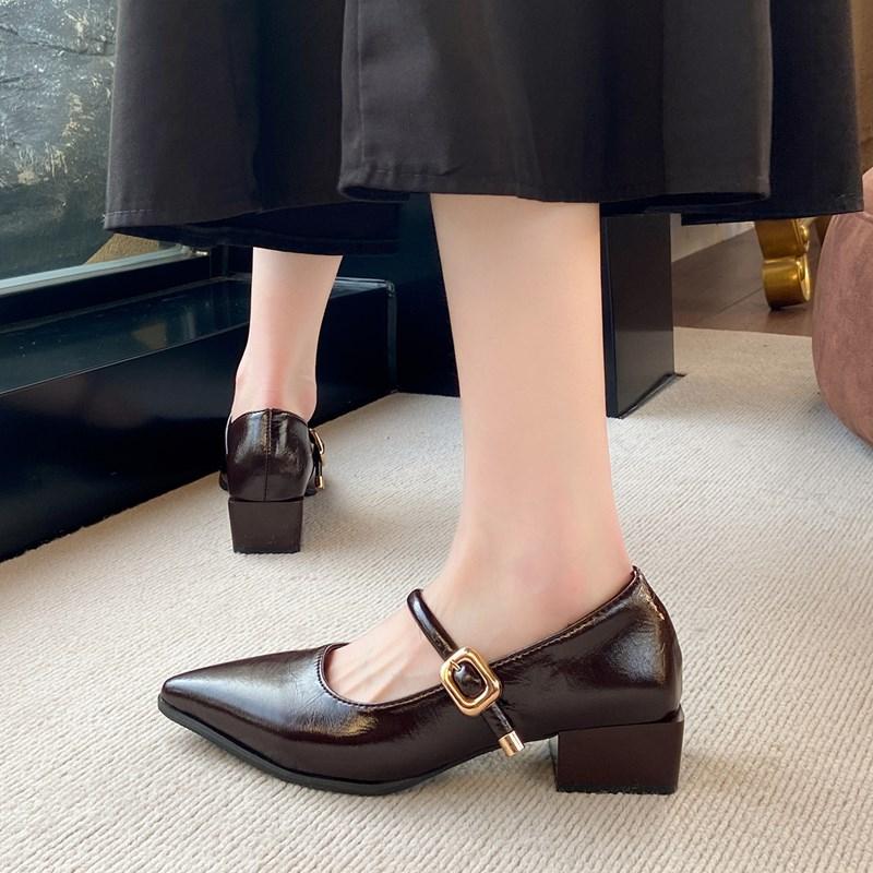 Fashion 2025 Solid Color Classic Pointy Low-cut Shoes Women's Spring Autumn Plus Size Fashion Retro Shallow-mouthed Mary Jane High Heels