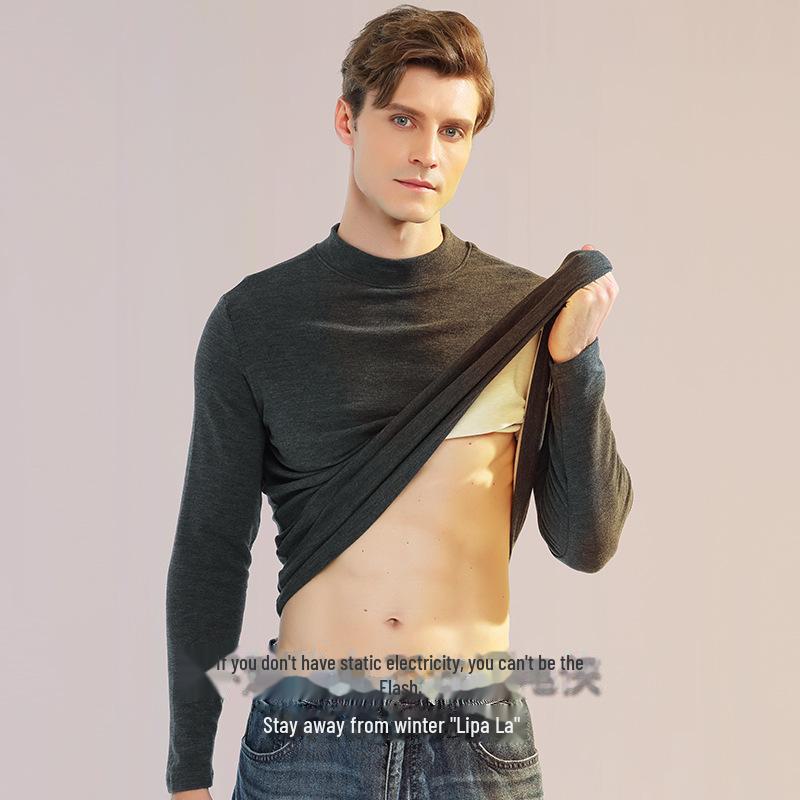 Мужская терморубашка из шелка и шерсти с полувысоким воротником и флисовой подкладкой