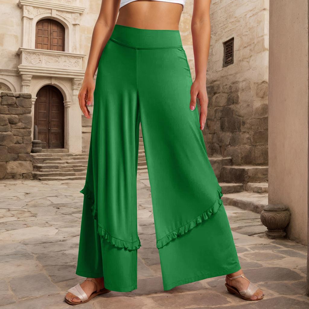 Женские однотонные свободные талии с рюшами, струящиеся широкие повседневные брюки, широкие брюки