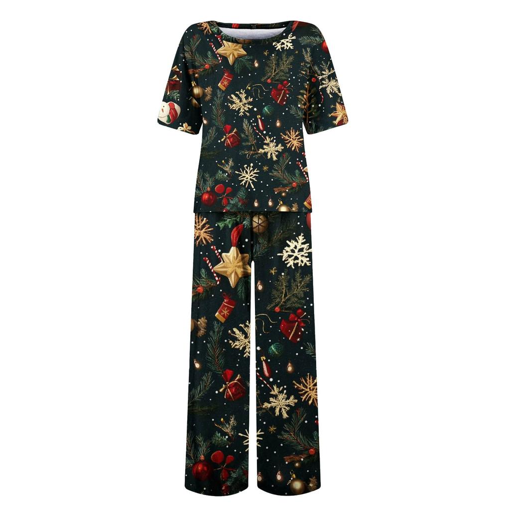 Женский шелковый атласный пижамный комплект с рождественским принтом, рубашка с коротким рукавом и длинные пижамные штаны, мягкая домашняя одежда