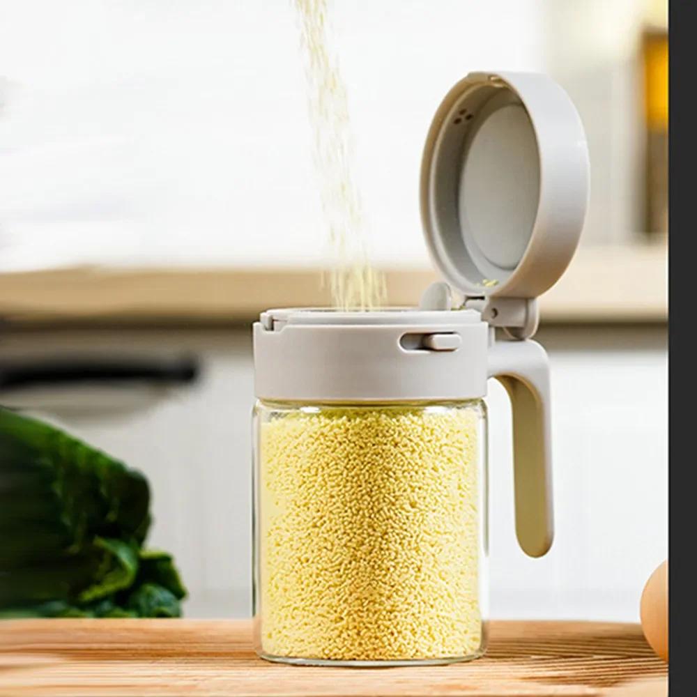 Glass Seasoning Box with Spoon Dustproof Lid Clear Countertop Spice Condiment Salt Sugar Storage Jar Container Kitchen Supplies