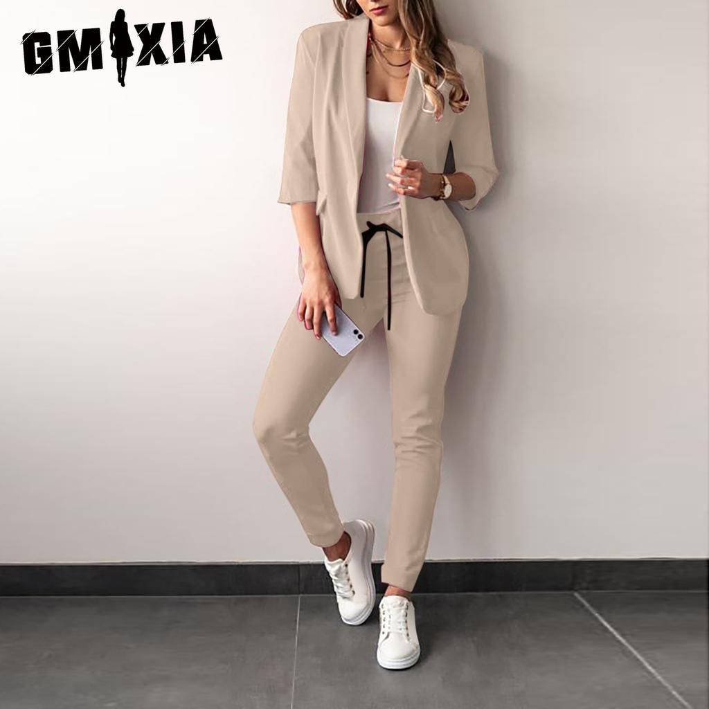 GMXIA Women's Fashion Spring Autumn Solid Color Print 1/2 Sleeves POLO Neck Trousers Pants Suits