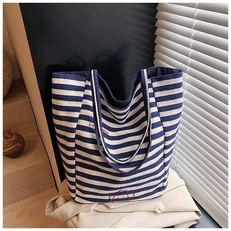Двусторонняя холщовая сумка с полосками на спине, женская сумка-тоут большой вместимости в ленивом стиле, студенческая сумка для досуга и шоппинга