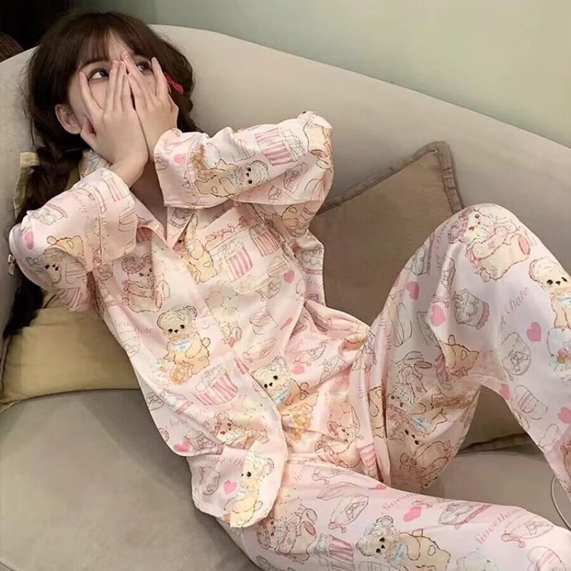 Ice Silk Pajamas Women's Spring and Autumn New Cute Bear Cake High-end Summer Home Clothes Long Sleeve Outwear
