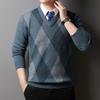 Осенне-зимний свитер с V-образным вырезом, мужской пуловер, базовый свитер, жаккардовый узор в ромбовидную сетку, воротник «куриное сердечко», вязаный свитер