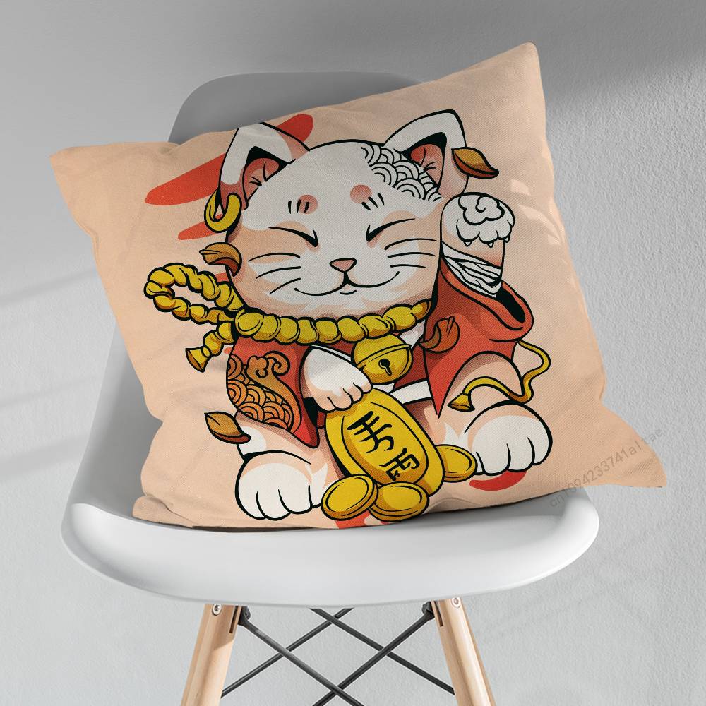 Cute Cartoon Lucky Cat Throw Pillow Case Living Room Sofa Cushion Cover For Home Bedroom Decoration Protector