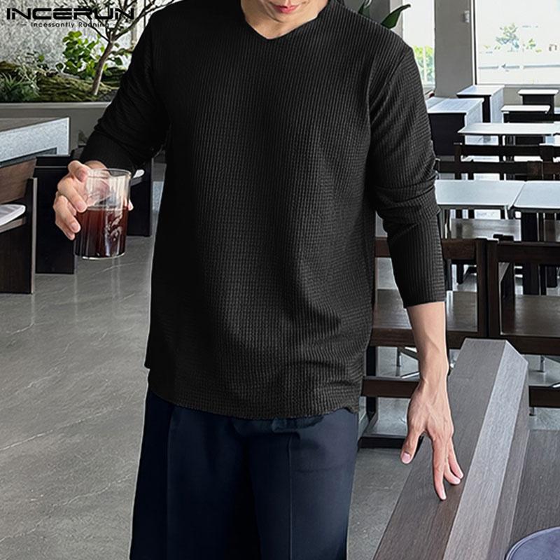 INCERUN Men Spring Long Sleeve Texture Tops Casual Loose Solid Pullovers