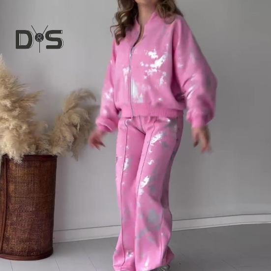 2 шт./компл. женский костюм с воротником-стойкой на молнии с длинными рукавами эластичные манжеты с блестками пальто с эластичной резинкой на талии толстые широкие брюки осенне-зимний спортивный костюм