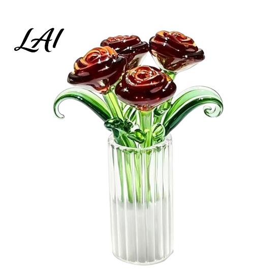 Unique Desktop Ornament for Women Glass Rose Bouquet Handmade Mini Colored Flowers with Durable Preserved Flower Vase Eternal Tabletop Decor,