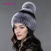 Real Rabbit Fur Winter Hats for Women Genuine Fur Beanie with Fox Fur Pompom Warm Knit Hats
