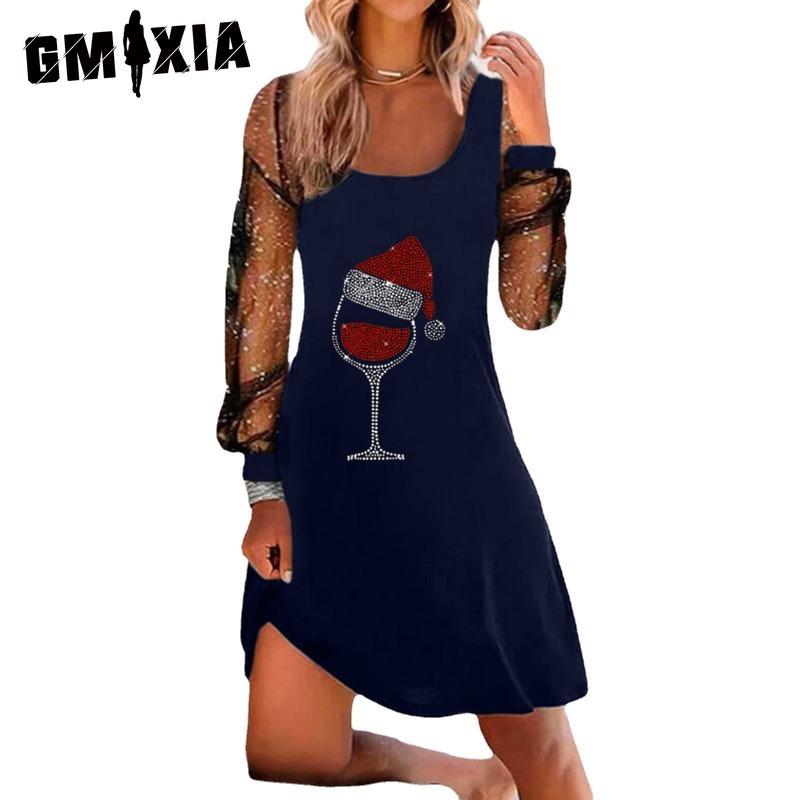 GMXIA Женская мода весна осень однотонный принт длинный рукав U-образный вырез высокая талия повседневные платья