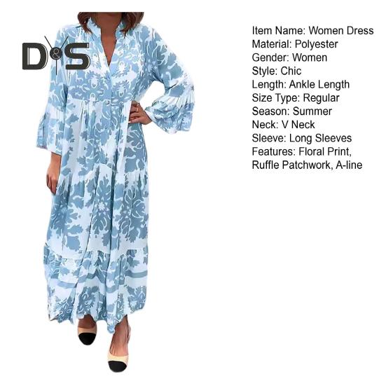 Women Maxi Dress V Neck Floral Printed Pleated Ruffle Patchwork Hem Loow Waist Horn Sleeves Single-breasted Daily Commuting Long Dress