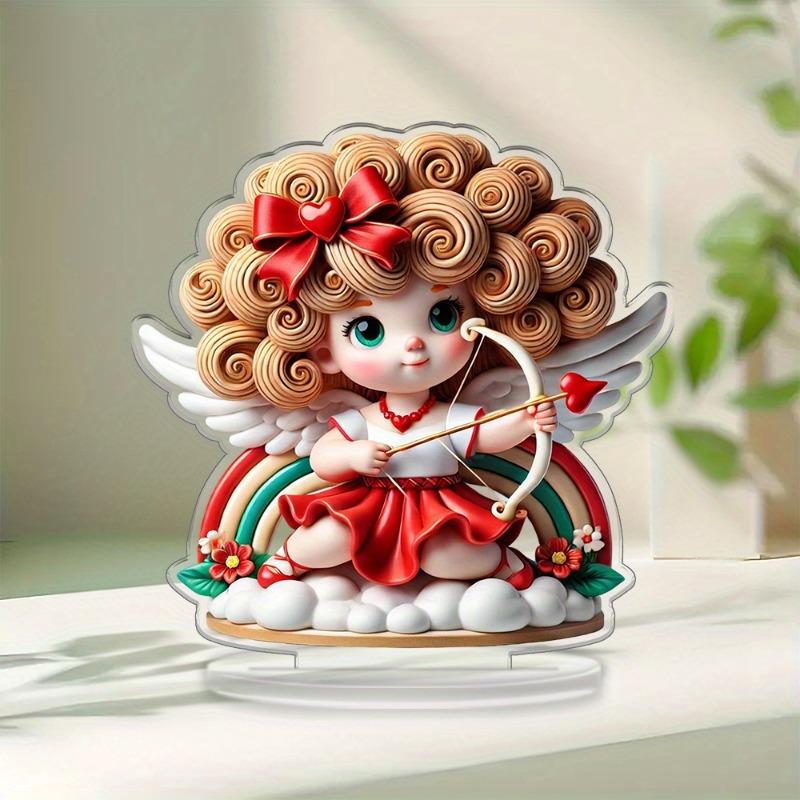 2D Flat Bohemian Grids Heart-Shaped Wings Angel Statue and Cupid's Arrow Acrylic Desk Decor Plaque, Suitable for wall decoration, porch, room, villa,