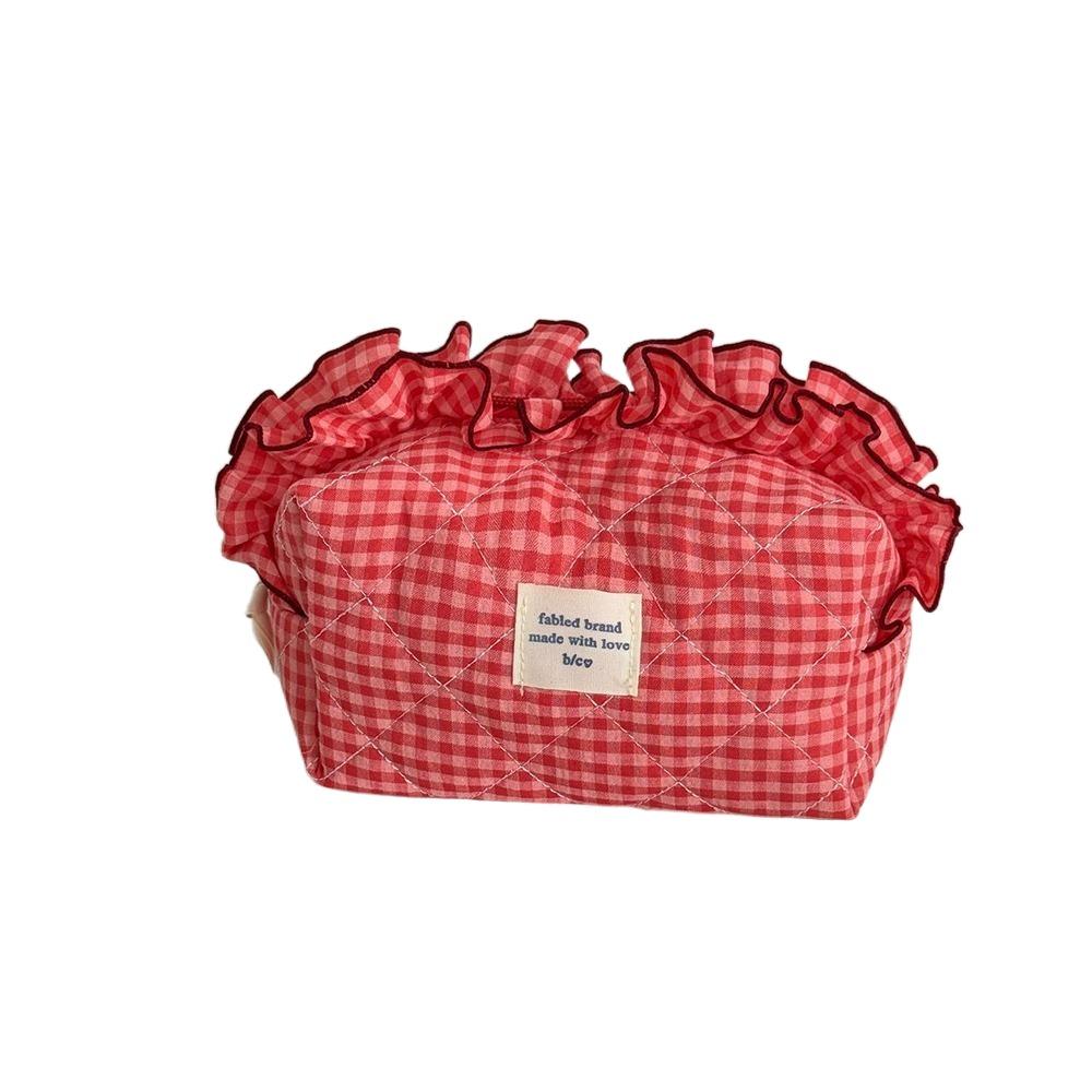 with Zipper Cosmetic Cases Plaid Pattern Toiletry Organizer Sweet Ruffle Makeup Bag Girl