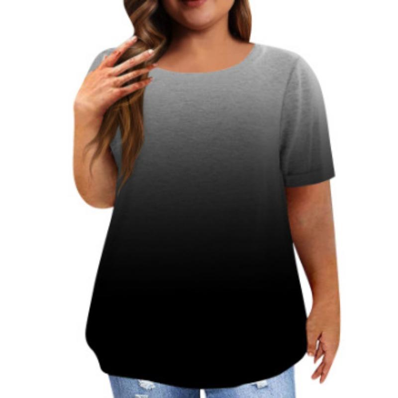 Women's Vintage Gradient Pleated 3D Short Sleeve Casual Imitation Cotton T-shirt Plus Size Pullover Basic Top